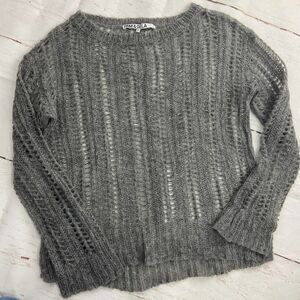 Pam & Gela Open Knit Gray Crew Neck Long Sleeve Sweater Top Womens s